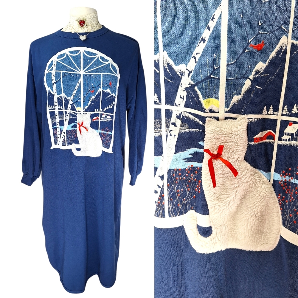 Vintage 80s 90s Winter Cat Sweatshirt Dress Womens Large Cute Ugly Christmas